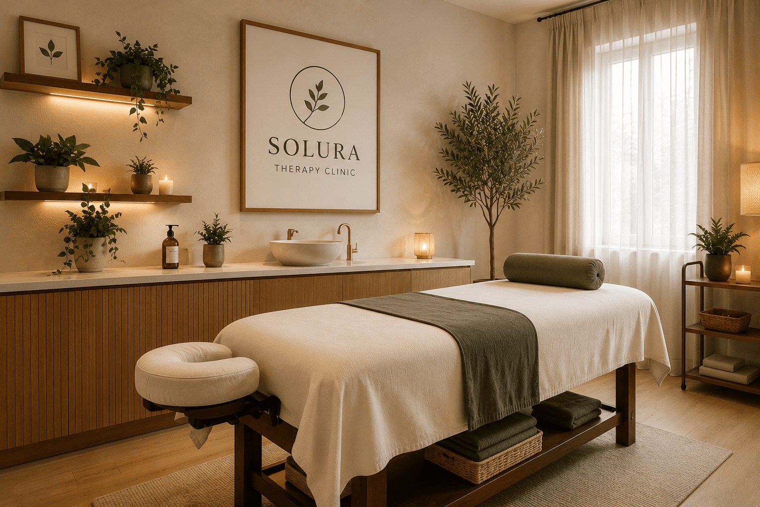 Warm modern Solura Therapy Clinic treatment room